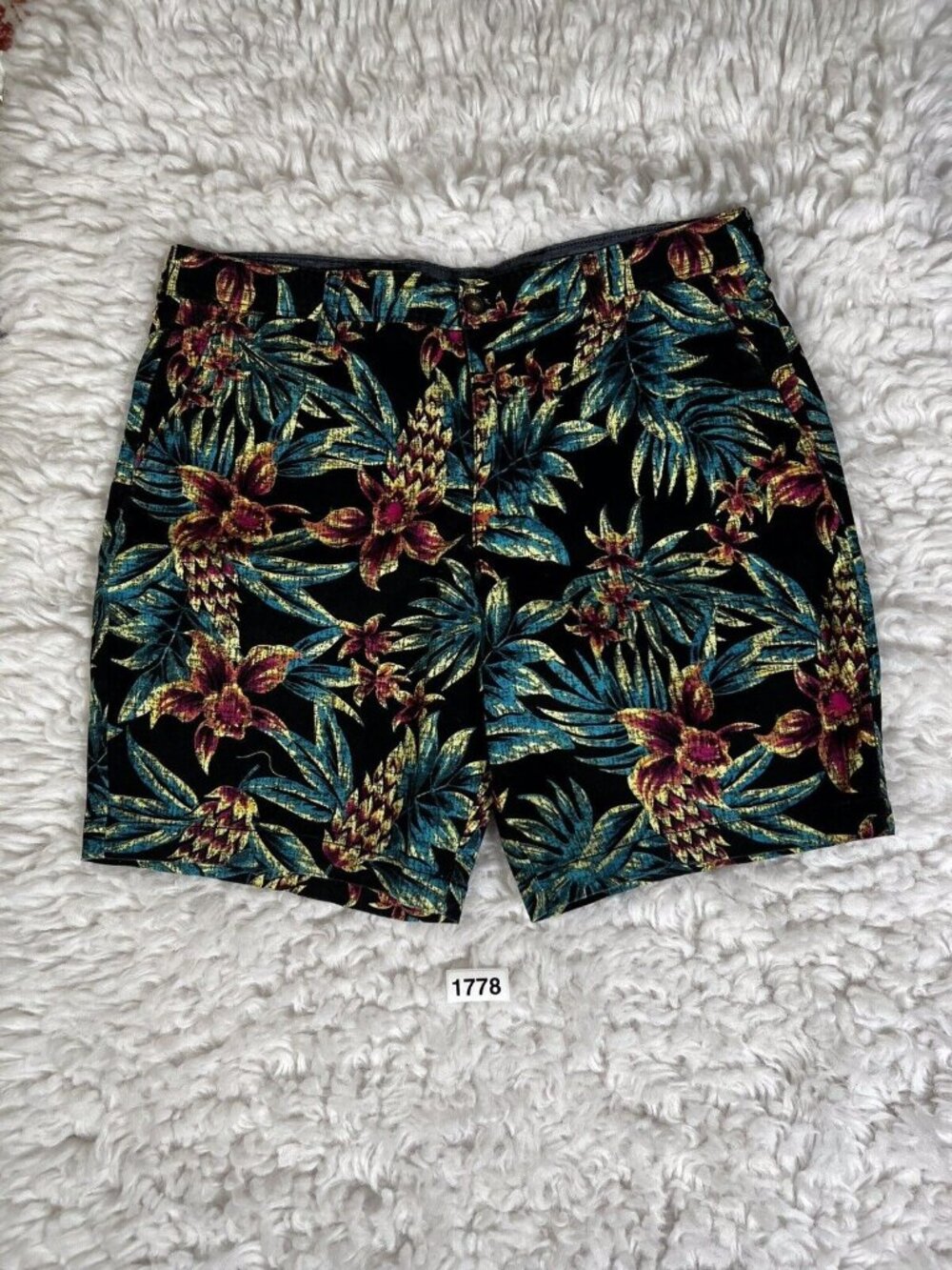 George Mens Hawaiian Bermuda Shorts Lg 36 Black Pockets Belt Loops Cotton Zip